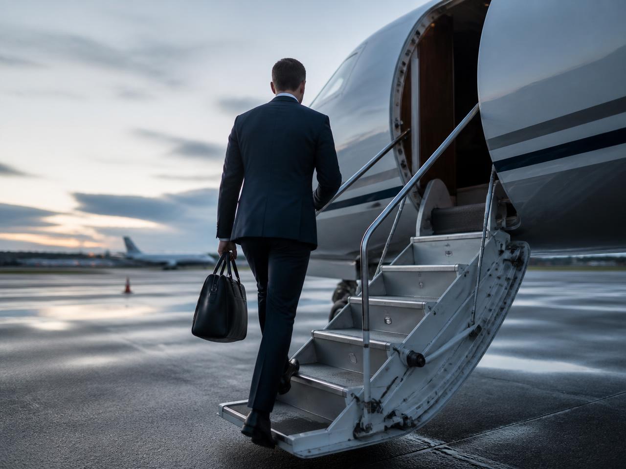 Business traveler boarding a private jet on the tarmac