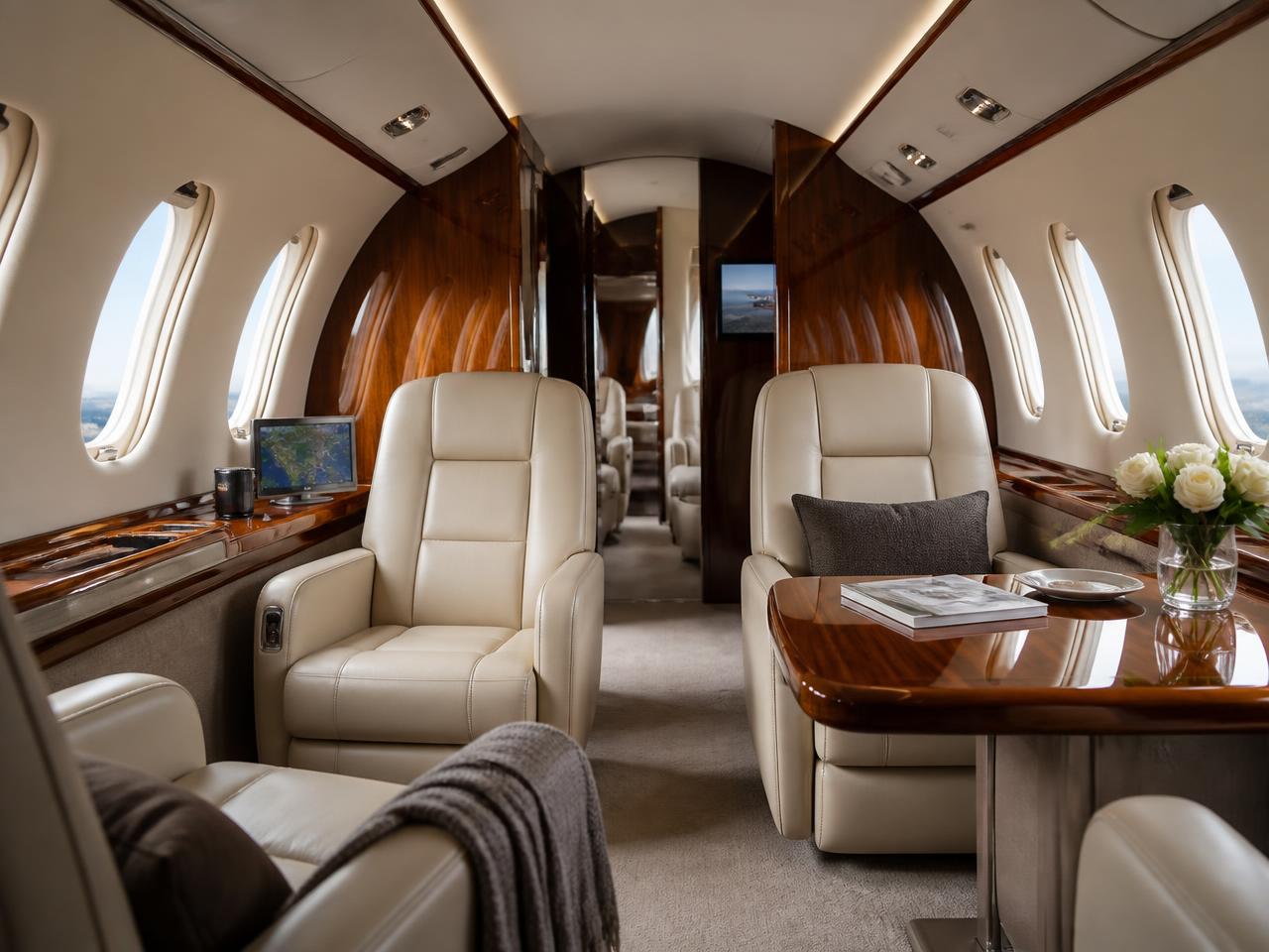 Interior cabin of a private jet with leather seating and polished wood
