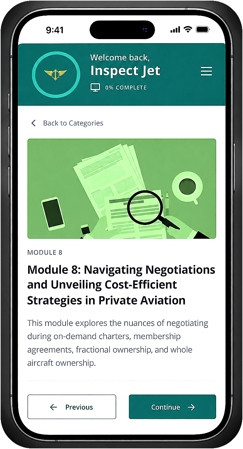 Inspect Jet Module 8 lesson displayed on an iPhone